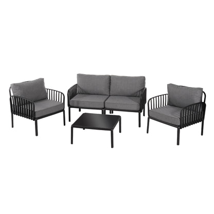 5 Piece Patio Conversation Sets, Modern Outdoor Patio Sectional Furniture Set with Square Coffee Table, Waterproof Thick Cushion Deep Seating for Porch, Balcony, Black & Dark Gray