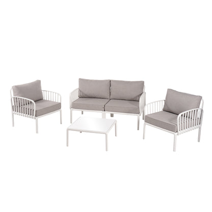 5 Piece Patio Conversation Sets, Modern Outdoor Patio Sectional Furniture Set with Square Coffee Table, Waterproof Thick Cushion Deep Seating for Porch, Balcony, White & Light Gray