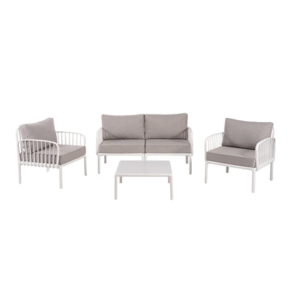 5 Piece Patio Conversation Sets, Modern Outdoor Patio Sectional Furniture Set with Square Coffee Table, Waterproof Thick Cushion Deep Seating for Porch, Balcony, White & Light Gray