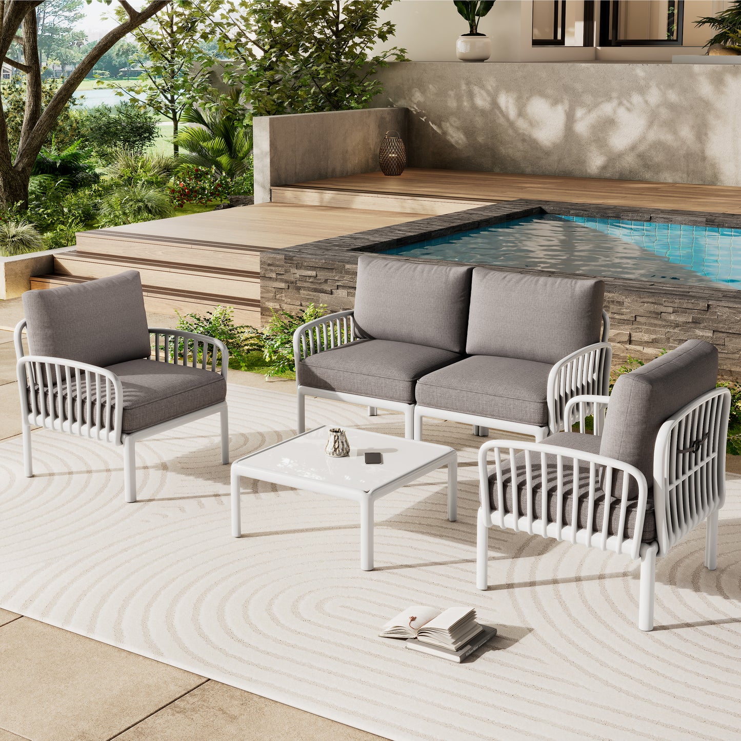 5 Piece Patio Conversation Sets, Modern Outdoor Patio Sectional Furniture Set with Square Coffee Table, Waterproof Thick Cushion Deep Seating for Porch, Balcony, White & Light Gray