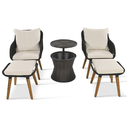 K&K 5 Pieces Patio Furniture Chair Sets, Patio Conversation Set With Wicker Cool Bar Table, Ottomans,Outdoor Furniture Bistro Sets for Porch,Backyard,Balcony,Poolside Black&Beige