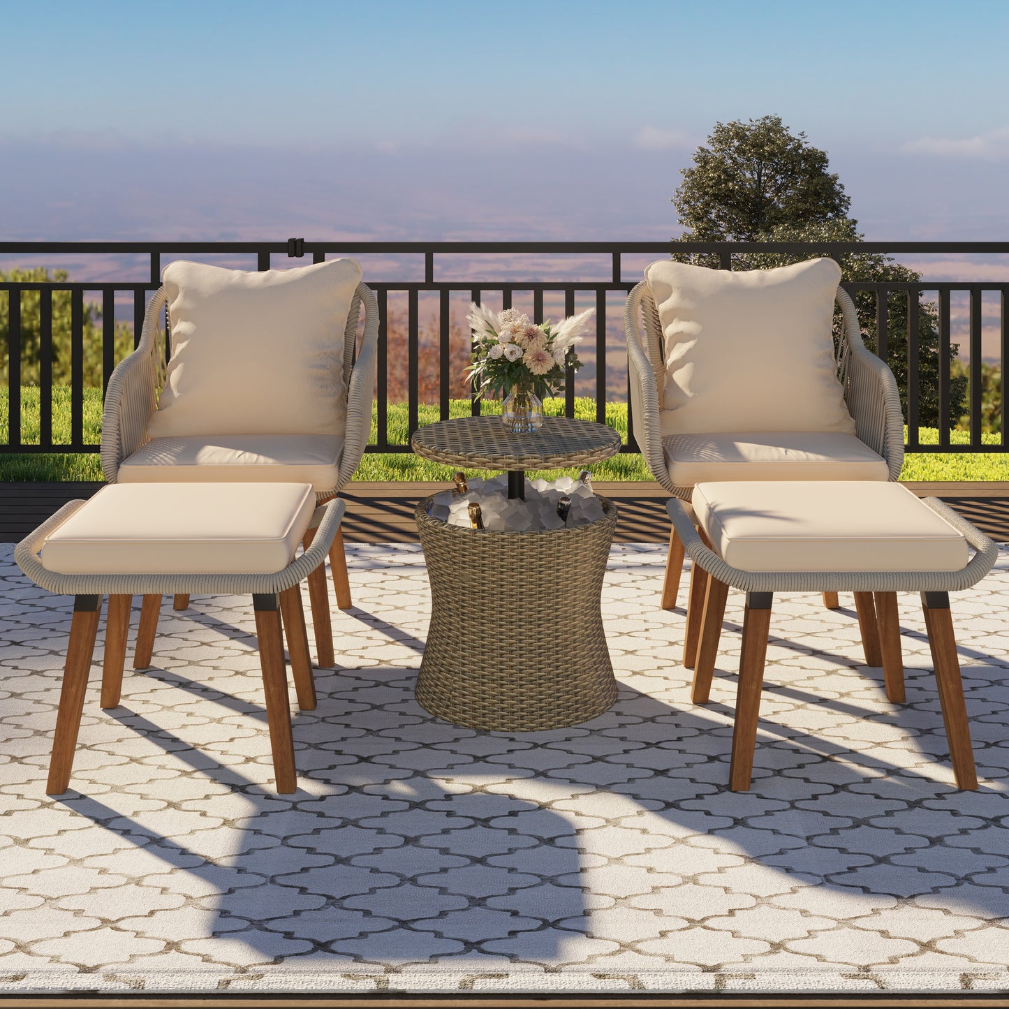 K&K 5 Pieces Patio Furniture Chair Sets, Patio Conversation Set With Wicker Cool Bar Table, Ottomans,Outdoor Furniture Bistro Sets for Porch,Backyard,Balcony,Poolside Brown