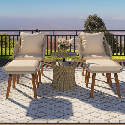 K&K 5 Pieces Patio Furniture Chair Sets, Patio Conversation Set With Wicker Cool Bar Table, Ottomans,Outdoor Furniture Bistro Sets for Porch,Backyard,Balcony,Poolside Brown