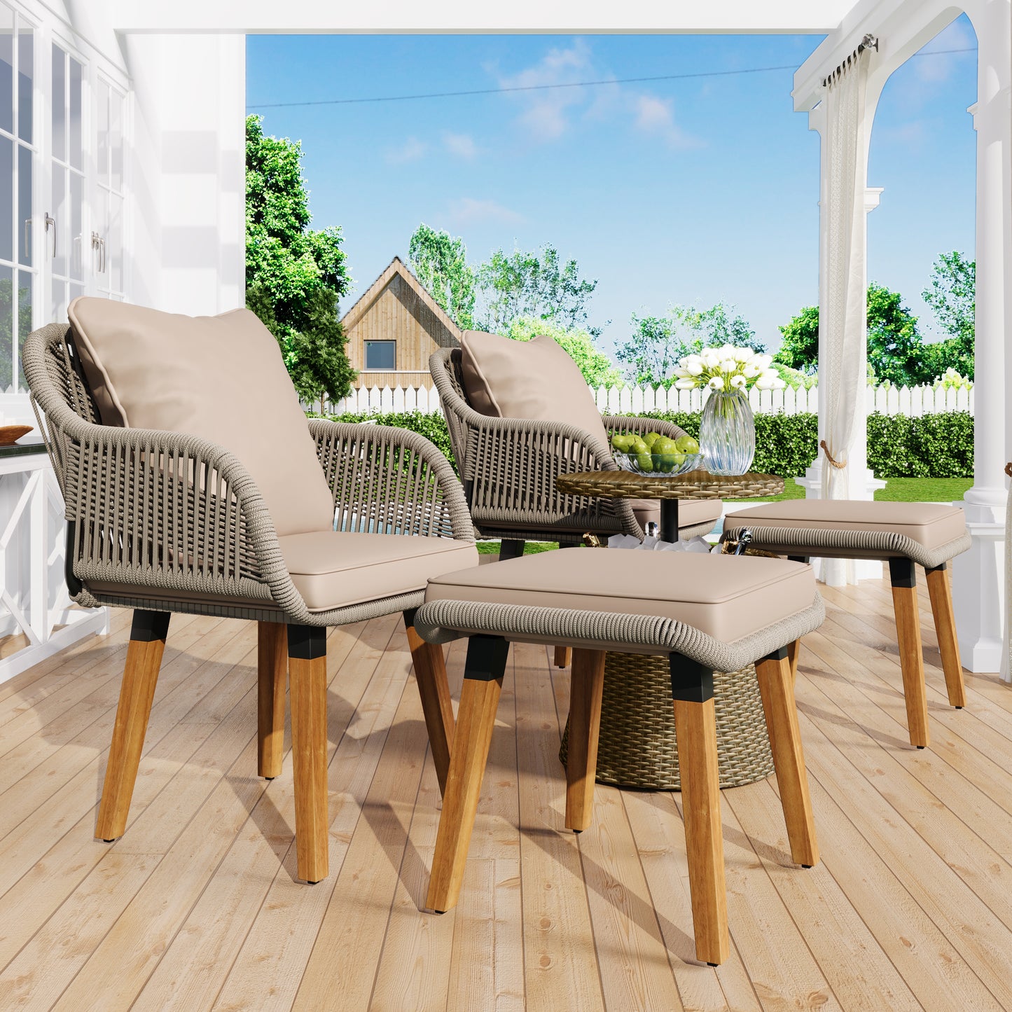 K&K 5 Pieces Patio Furniture Chair Sets, Patio Conversation Set With Wicker Cool Bar Table, Ottomans,Outdoor Furniture Bistro Sets for Porch,Backyard,Balcony,Poolside Brown