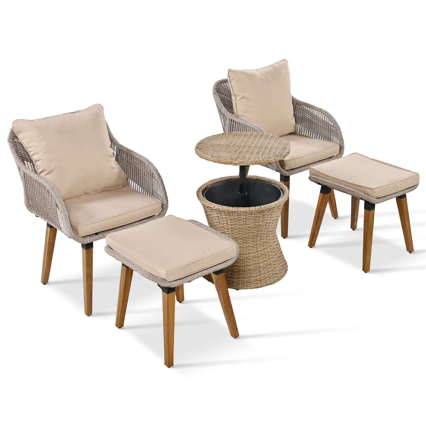 K&K 5 Pieces Patio Furniture Chair Sets, Patio Conversation Set With Wicker Cool Bar Table, Ottomans,Outdoor Furniture Bistro Sets for Porch,Backyard,Balcony,Poolside Brown