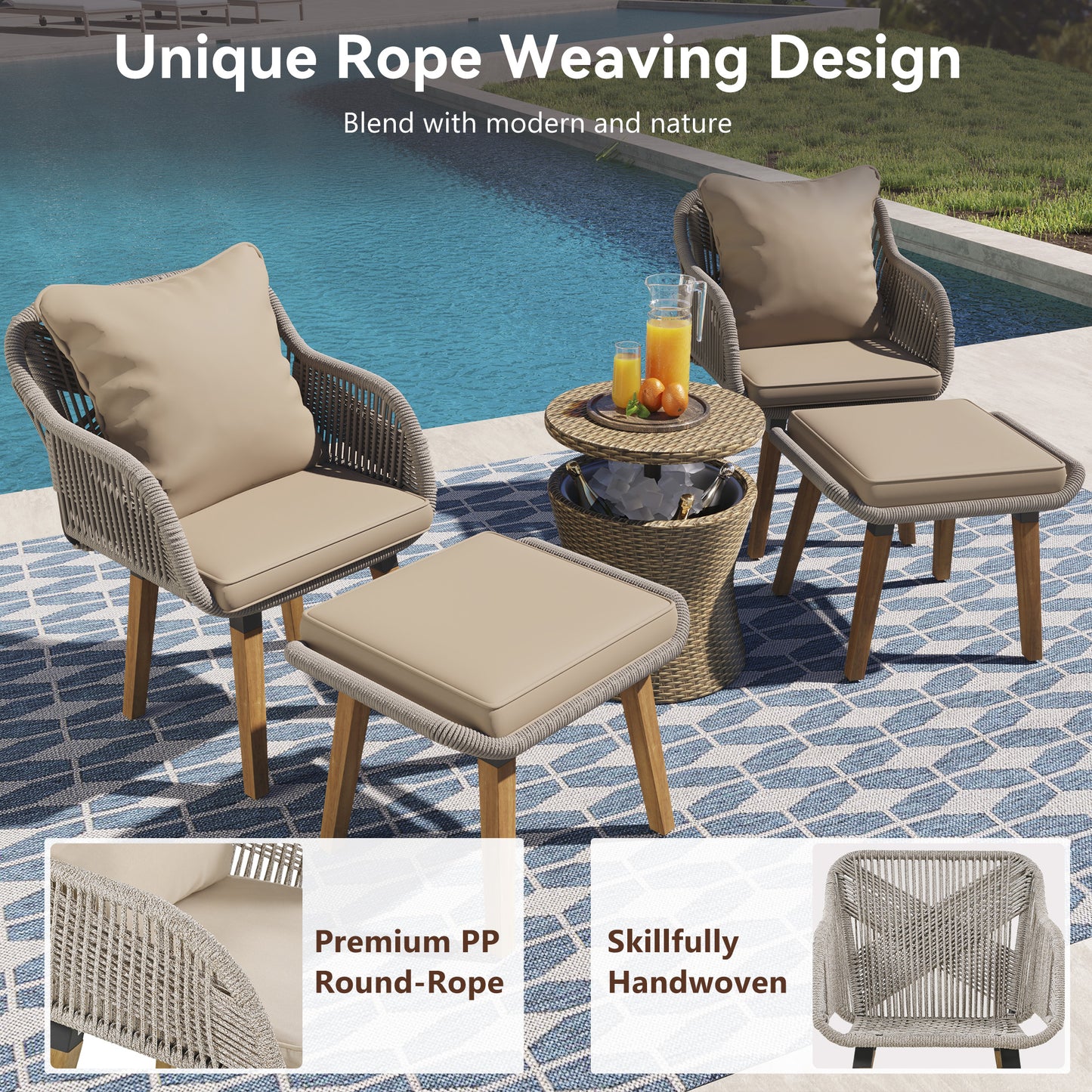 K&K 5 Pieces Patio Furniture Chair Sets, Patio Conversation Set With Wicker Cool Bar Table, Ottomans,Outdoor Furniture Bistro Sets for Porch,Backyard,Balcony,Poolside Brown