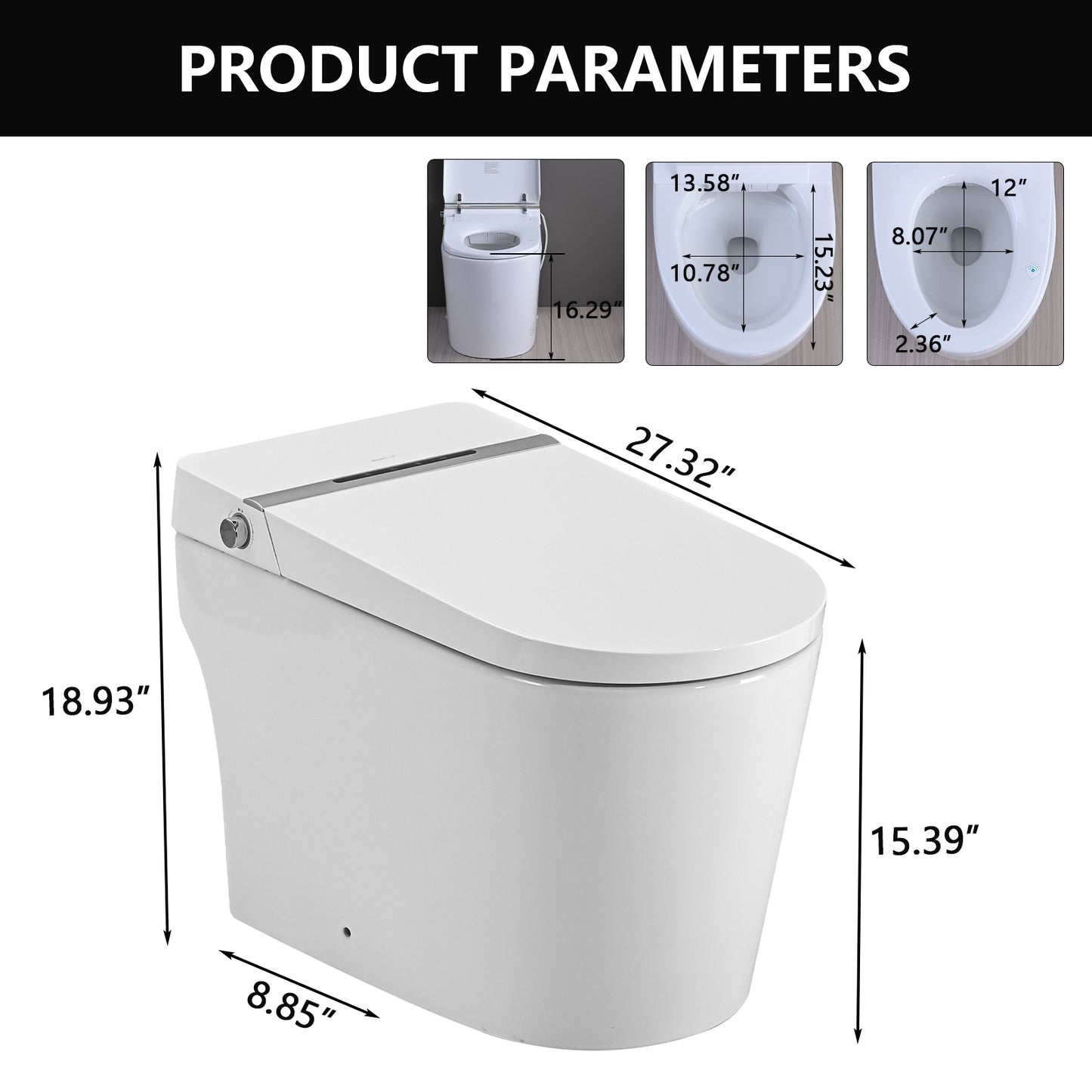 Smart Toilet Bidet Combo with Foot Sensor Open Cover/Seat, LED Display, Self-Cleaning Nozzle, Heated Seat, Night Light, Knob Control, Soft Close, Auto Flush, with Remote Control