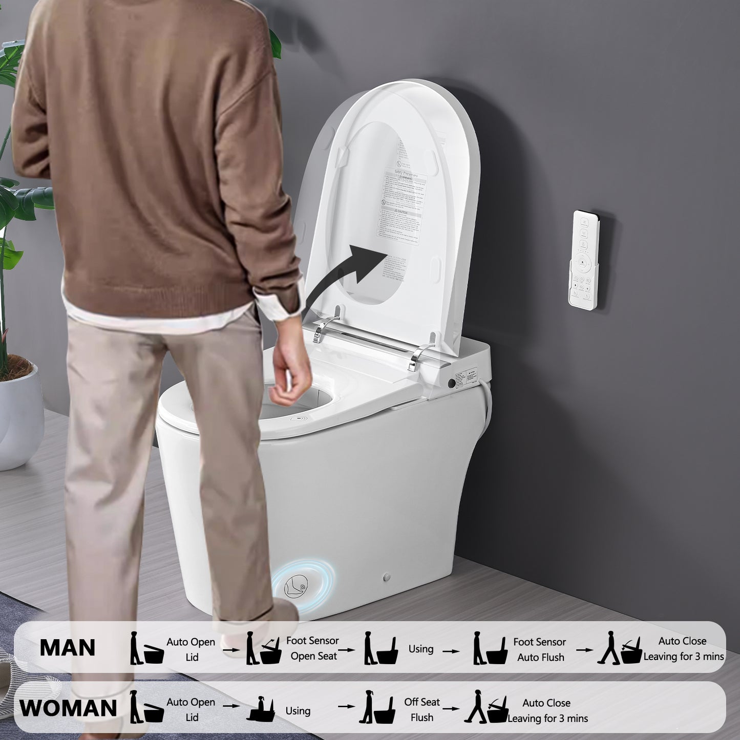Smart Toilet Bidet Combo with Foot Sensor Open Cover/Seat, LED Display, Self-Cleaning Nozzle, Heated Seat, Night Light, Knob Control, Soft Close, Auto Flush, with Remote Control