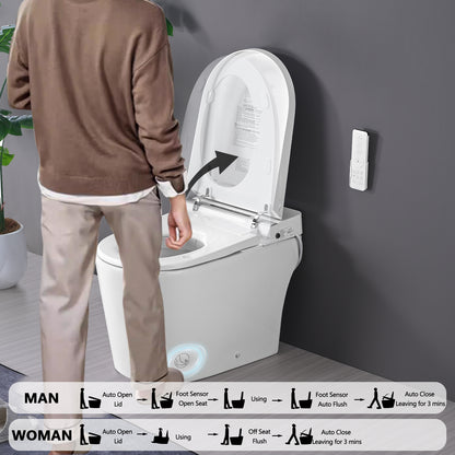 Smart Toilet Bidet Combo with Foot Sensor Open Cover/Seat, LED Display, Self-Cleaning Nozzle, Heated Seat, Night Light, Knob Control, Soft Close, Auto Flush, with Remote Control