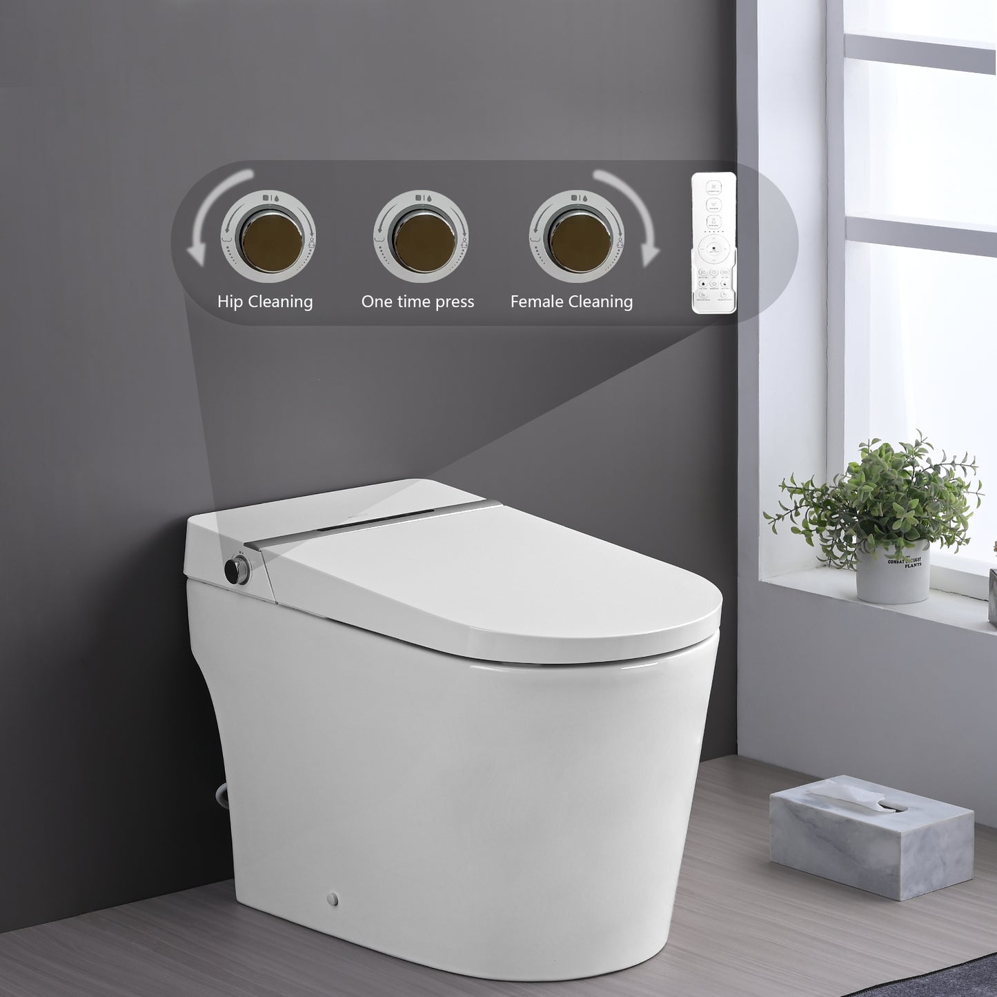 Smart Toilet Bidet Combo with Foot Sensor Open Cover/Seat, LED Display, Self-Cleaning Nozzle, Heated Seat, Night Light, Knob Control, Soft Close, Auto Flush, with Remote Control