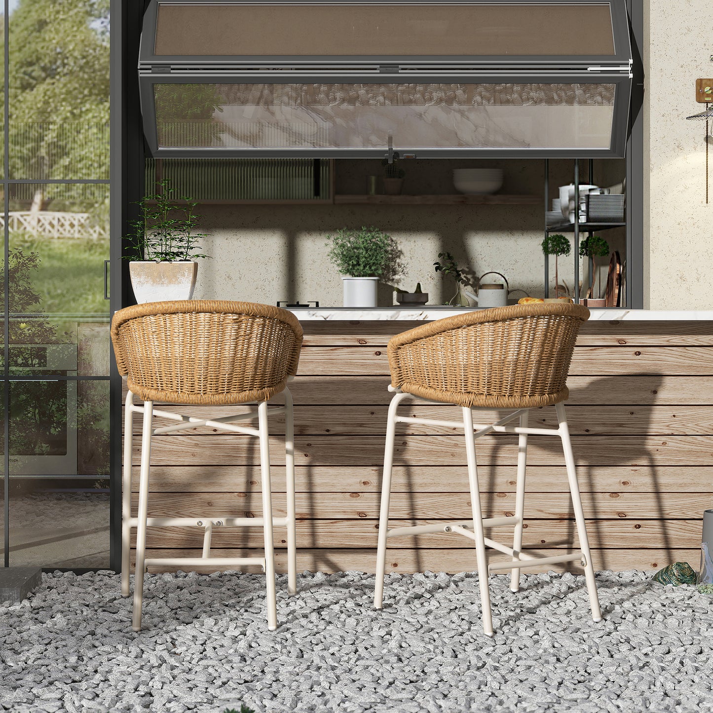 28" Wicker Back Outdoor Bar Stool, Set of 2, Wheat Beige Axroma Olefin