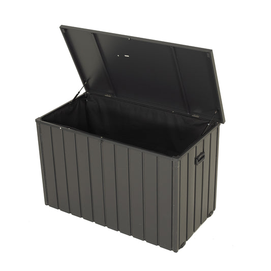 Outdoor Storage Box, 120 Gallon Metal Deck Box Built-in a Oxford Fabric Storage Bag, Lockable & Waterproof Outside Patio Storage Box for Cushions, Pillows, Tools, Pool Floats- Gray