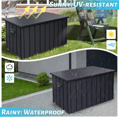 Outdoor Storage Box, 120 Gallon Metal Deck Box Built-in a Oxford Fabric Storage Bag, Lockable & Waterproof Outside Patio Storage Box for Cushions, Pillows, Tools, Pool Floats- Gray