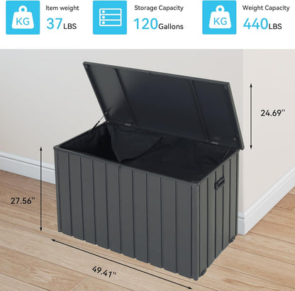 Outdoor Storage Box, 120 Gallon Metal Deck Box Built-in a Oxford Fabric Storage Bag, Lockable & Waterproof Outside Patio Storage Box for Cushions, Pillows, Tools, Pool Floats- Gray