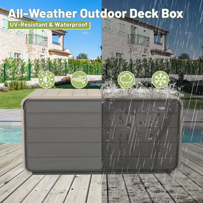 260 Gallon Plastic Deck Box, Large Patio Storage Box with Lock, Wheels & Waterproof Lid for Outdoor Cushions, Garden and Pool Supplies (Gray)