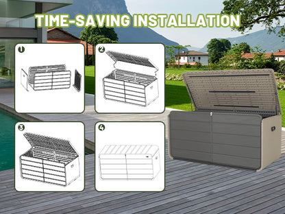 260 Gallon Plastic Deck Box, Large Patio Storage Box with Lock, Wheels & Waterproof Lid for Outdoor Cushions, Garden and Pool Supplies (Gray)