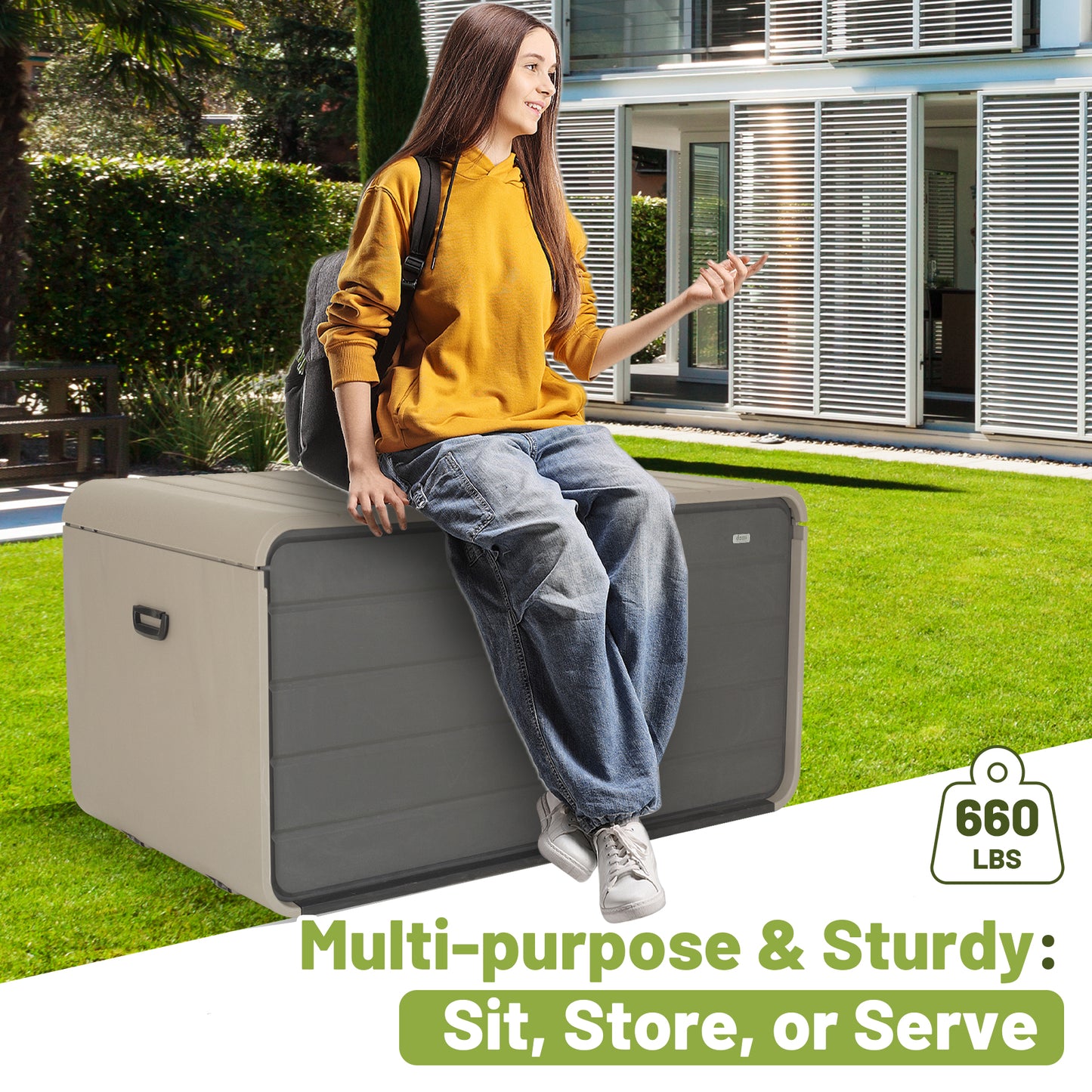 260 Gallon Plastic Deck Box, Large Patio Storage Box with Lock, Wheels & Waterproof Lid for Outdoor Cushions, Garden and Pool Supplies (Gray)