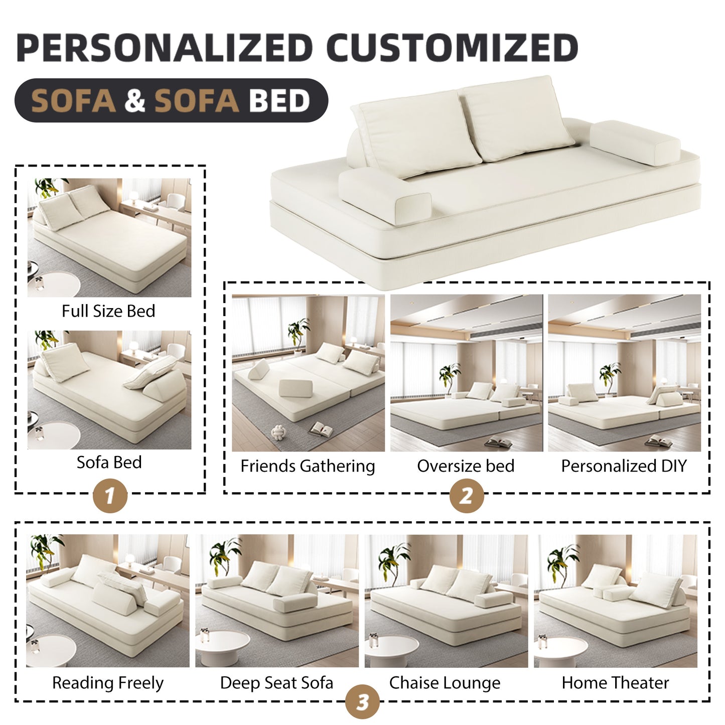 86.6"Multifunctional Convertible Sofa Bed with 2 Removable Backrests and 2 Pillows,Fuffy Chenille Fabric Sofa,Chaise Lounge,Game Pad,DIY Modern Upholstered Couch,Deep Seat Couch for Living Room,Office