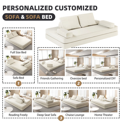 86.6"Multifunctional Convertible Sofa Bed with 2 Removable Backrests and 2 Pillows,Fuffy Chenille Fabric Sofa,Chaise Lounge,Game Pad,DIY Modern Upholstered Couch,Deep Seat Couch for Living Room,Office