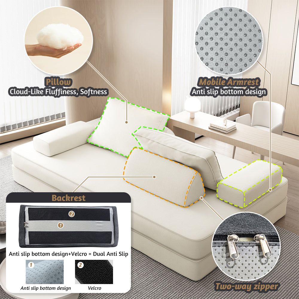 86.6"Multifunctional Convertible Sofa Bed with 2 Removable Backrests and 2 Pillows,Fuffy Chenille Fabric Sofa,Chaise Lounge,Game Pad,DIY Modern Upholstered Couch,Deep Seat Couch for Living Room,Office