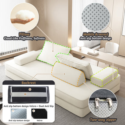 86.6"Multifunctional Convertible Sofa Bed with 2 Removable Backrests and 2 Pillows,Fuffy Chenille Fabric Sofa,Chaise Lounge,Game Pad,DIY Modern Upholstered Couch,Deep Seat Couch for Living Room,Office