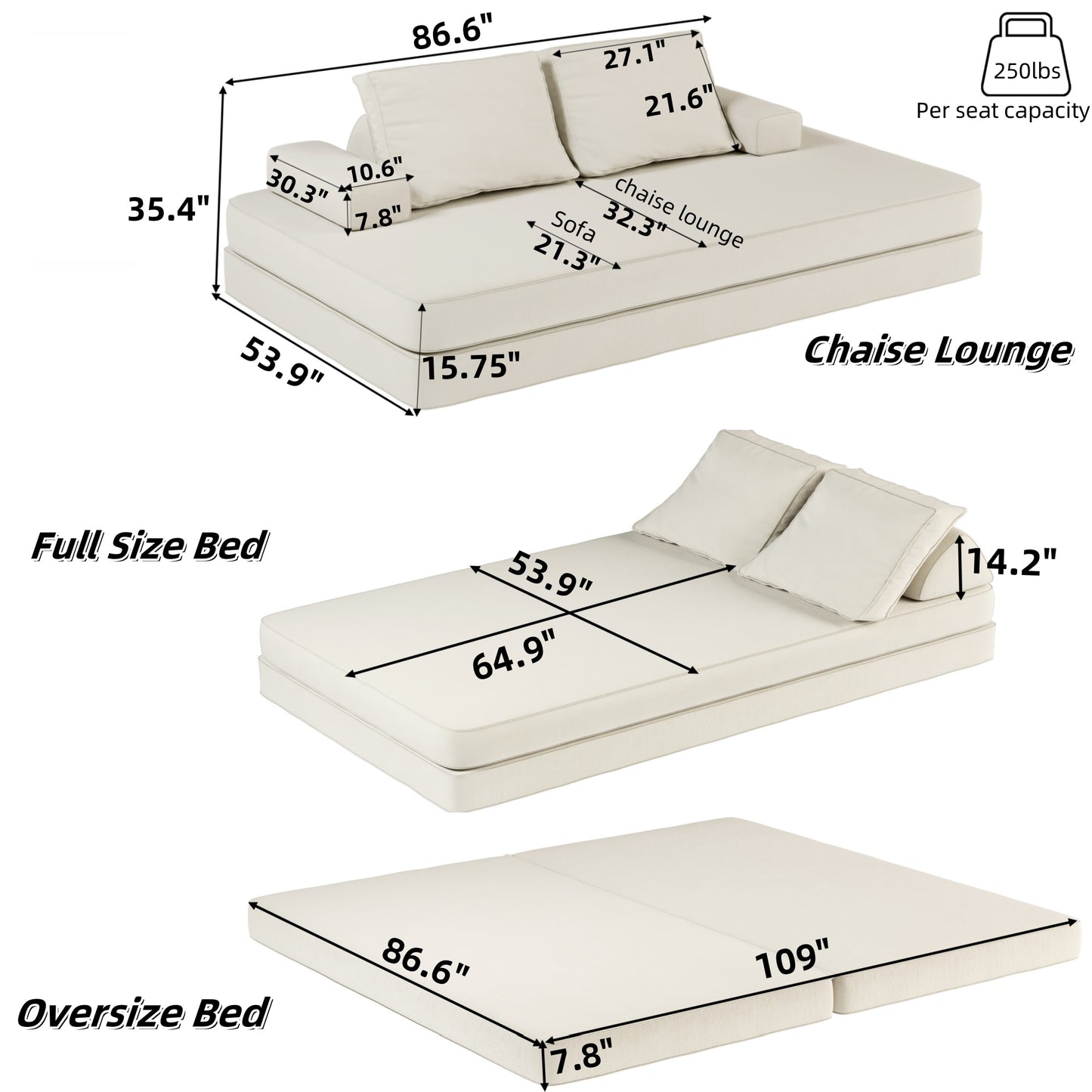 86.6"Multifunctional Convertible Sofa Bed with 2 Removable Backrests and 2 Pillows,Fuffy Chenille Fabric Sofa,Chaise Lounge,Game Pad,DIY Modern Upholstered Couch,Deep Seat Couch for Living Room,Office