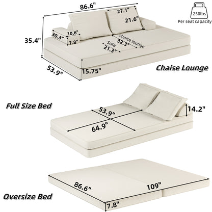 86.6"Multifunctional Convertible Sofa Bed with 2 Removable Backrests and 2 Pillows,Fuffy Chenille Fabric Sofa,Chaise Lounge,Game Pad,DIY Modern Upholstered Couch,Deep Seat Couch for Living Room,Office