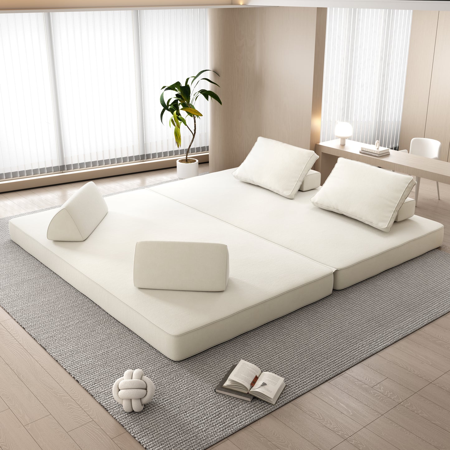 86.6"Multifunctional Convertible Sofa Bed with 2 Removable Backrests and 2 Pillows,Fuffy Chenille Fabric Sofa,Chaise Lounge,Game Pad,DIY Modern Upholstered Couch,Deep Seat Couch for Living Room,Office