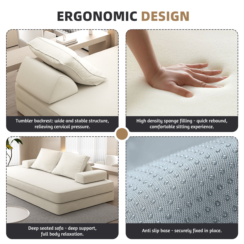 86.6"Multifunctional Convertible Sofa Bed with 2 Removable Backrests and 2 Pillows,Fuffy Chenille Fabric Sofa,Chaise Lounge,Game Pad,DIY Modern Upholstered Couch,Deep Seat Couch for Living Room,Office