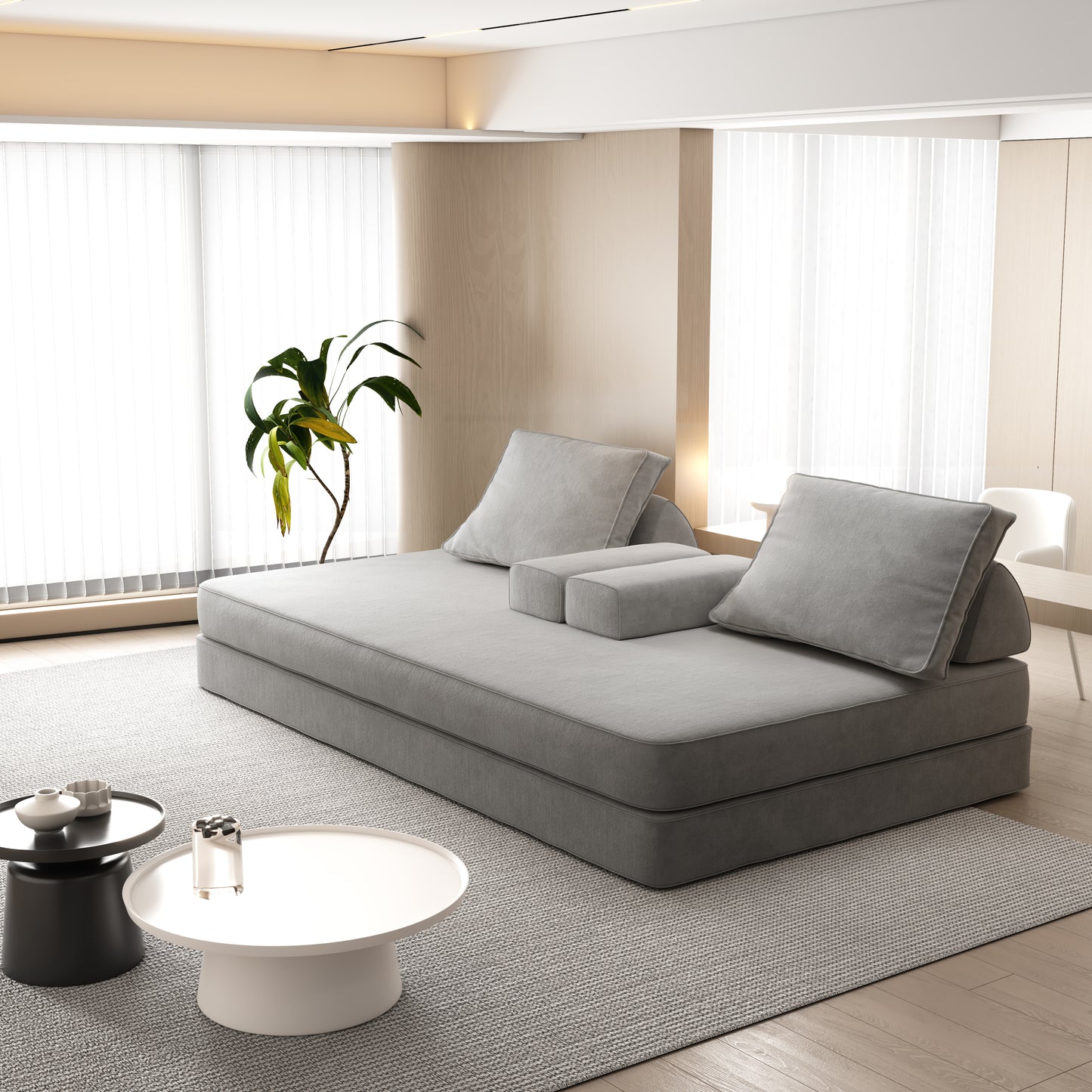 86.6"Multifunctional Convertible Sofa Bed with 2 Removable Backrests and 2 Pillows,Fuffy Chenille Fabric Sofa,Chaise Lounge,Game Pad,DIY Modern Upholstered Couch,Deep Seat Couch for Living Room,Office