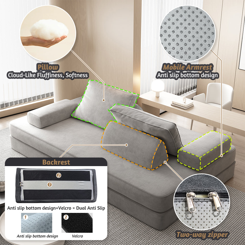 86.6"Multifunctional Convertible Sofa Bed with 2 Removable Backrests and 2 Pillows,Fuffy Chenille Fabric Sofa,Chaise Lounge,Game Pad,DIY Modern Upholstered Couch,Deep Seat Couch for Living Room,Office