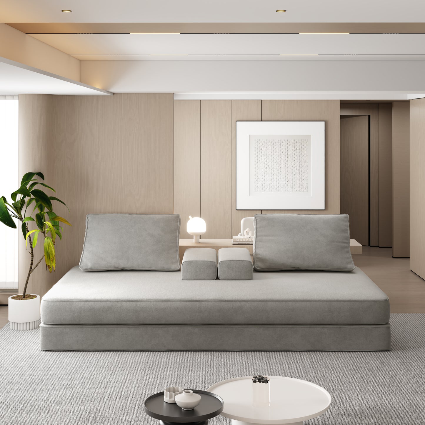 86.6"Multifunctional Convertible Sofa Bed with 2 Removable Backrests and 2 Pillows,Fuffy Chenille Fabric Sofa,Chaise Lounge,Game Pad,DIY Modern Upholstered Couch,Deep Seat Couch for Living Room,Office