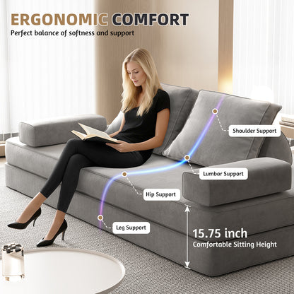 86.6"Multifunctional Convertible Sofa Bed with 2 Removable Backrests and 2 Pillows,Fuffy Chenille Fabric Sofa,Chaise Lounge,Game Pad,DIY Modern Upholstered Couch,Deep Seat Couch for Living Room,Office