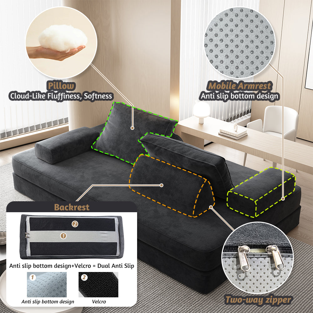 86.6"Multifunctional Convertible Sofa Bed with 2 Removable Backrests and 2 Pillows,Fuffy Chenille Fabric Sofa,Chaise Lounge,Game Pad,DIY Modern Upholstered Couch,Deep Seat Couch for Living Room,Office