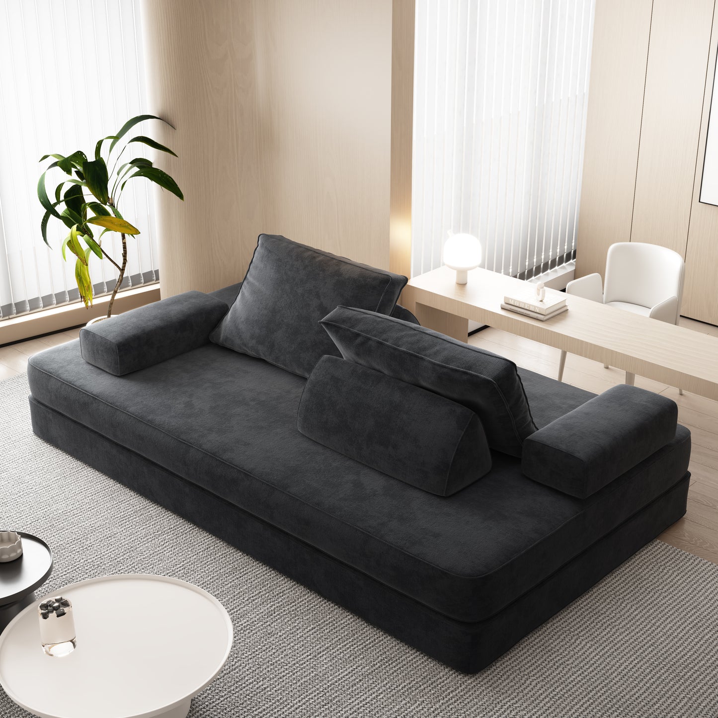 86.6"Multifunctional Convertible Sofa Bed with 2 Removable Backrests and 2 Pillows,Fuffy Chenille Fabric Sofa,Chaise Lounge,Game Pad,DIY Modern Upholstered Couch,Deep Seat Couch for Living Room,Office