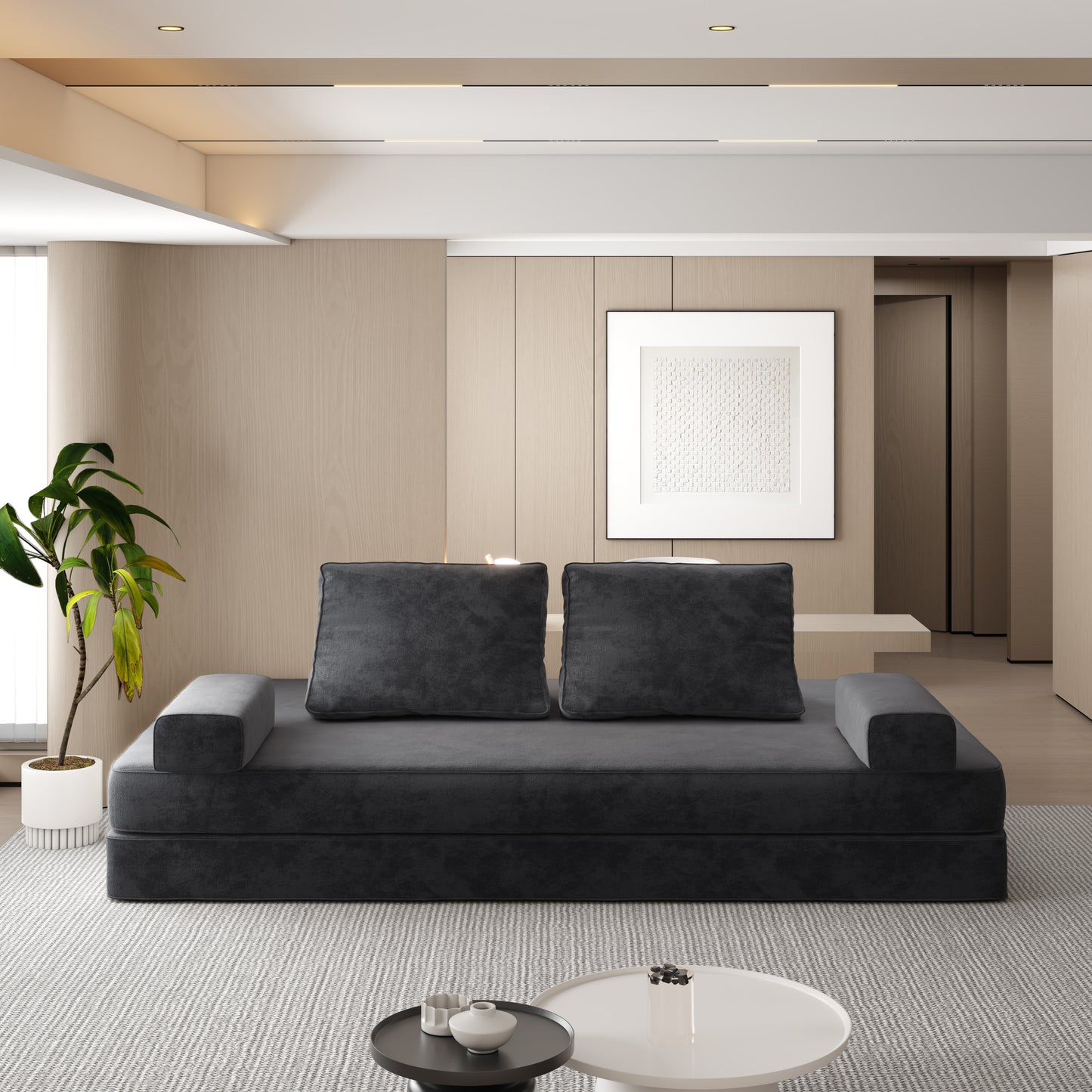 86.6"Multifunctional Convertible Sofa Bed with 2 Removable Backrests and 2 Pillows,Fuffy Chenille Fabric Sofa,Chaise Lounge,Game Pad,DIY Modern Upholstered Couch,Deep Seat Couch for Living Room,Office