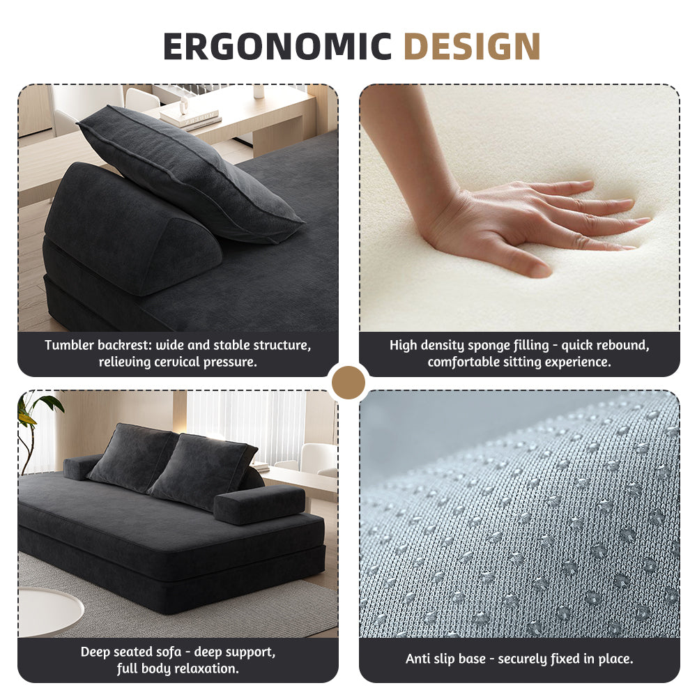 86.6"Multifunctional Convertible Sofa Bed with 2 Removable Backrests and 2 Pillows,Fuffy Chenille Fabric Sofa,Chaise Lounge,Game Pad,DIY Modern Upholstered Couch,Deep Seat Couch for Living Room,Office