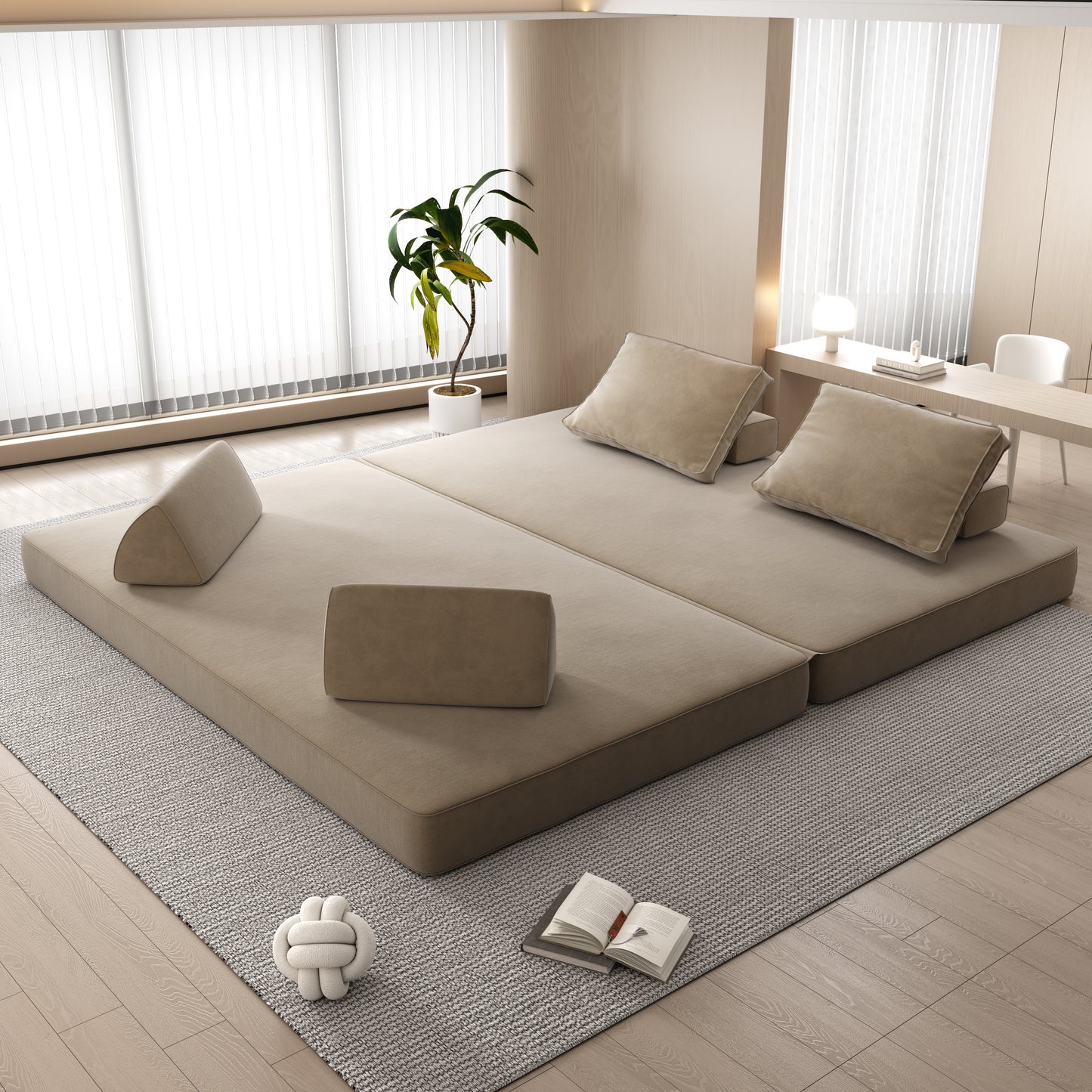 86.6"Multifunctional Convertible Sofa Bed with 2 Removable Backrests and 2 Pillows,Fuffy Chenille Fabric Sofa,Chaise Lounge,Game Pad,DIY Modern Upholstered Couch,Deep Seat Couch for Living Room,Office