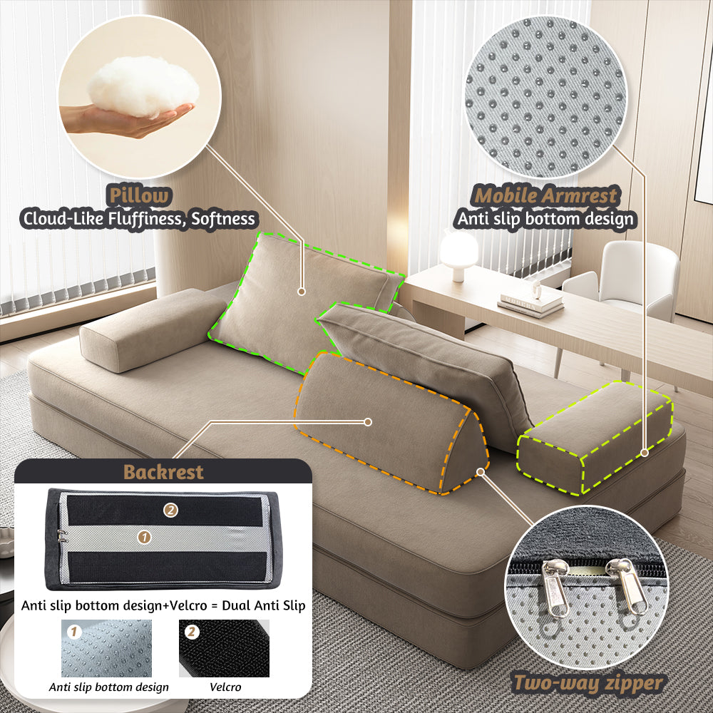 86.6"Multifunctional Convertible Sofa Bed with 2 Removable Backrests and 2 Pillows,Fuffy Chenille Fabric Sofa,Chaise Lounge,Game Pad,DIY Modern Upholstered Couch,Deep Seat Couch for Living Room,Office