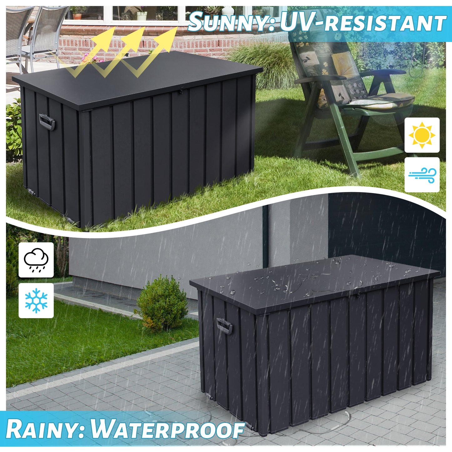 Outdoor Storage Box, 100 Gallon Metal Deck Box Built-in a Oxford Fabric Storage Bag, Lockable & Waterproof Outside Patio Storage Box - Gray