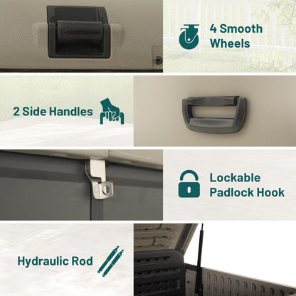 200 Gallon Plastic Deck Box, Large Patio Storage Box with Lock, Wheels & Waterproof Lid for Outdoor Cushions, Garden and Pool Supplies (Gray)