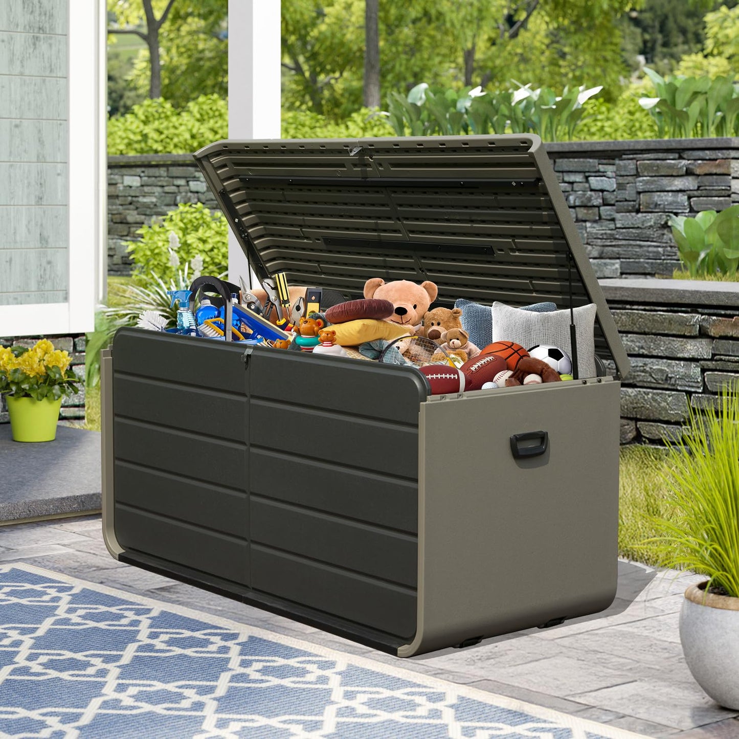 200 Gallon Plastic Deck Box, Large Patio Storage Box with Lock, Wheels & Waterproof Lid for Outdoor Cushions, Garden and Pool Supplies (Gray)