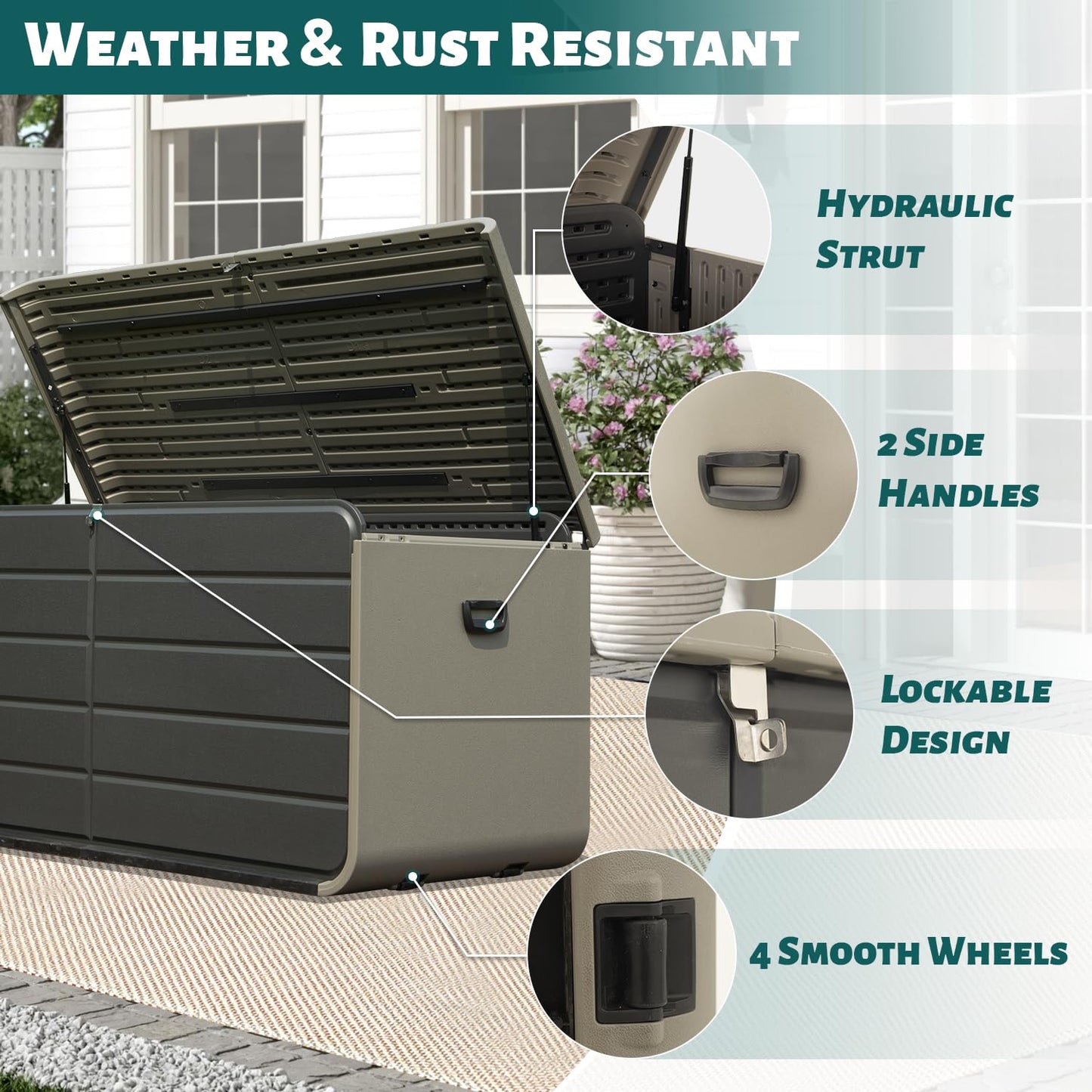 200 Gallon Plastic Deck Box, Large Patio Storage Box with Lock, Wheels & Waterproof Lid for Outdoor Cushions, Garden and Pool Supplies (Gray)