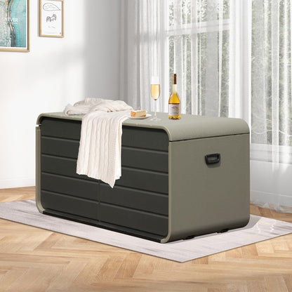 200 Gallon Plastic Deck Box, Large Patio Storage Box with Lock, Wheels & Waterproof Lid for Outdoor Cushions, Garden and Pool Supplies (Gray)