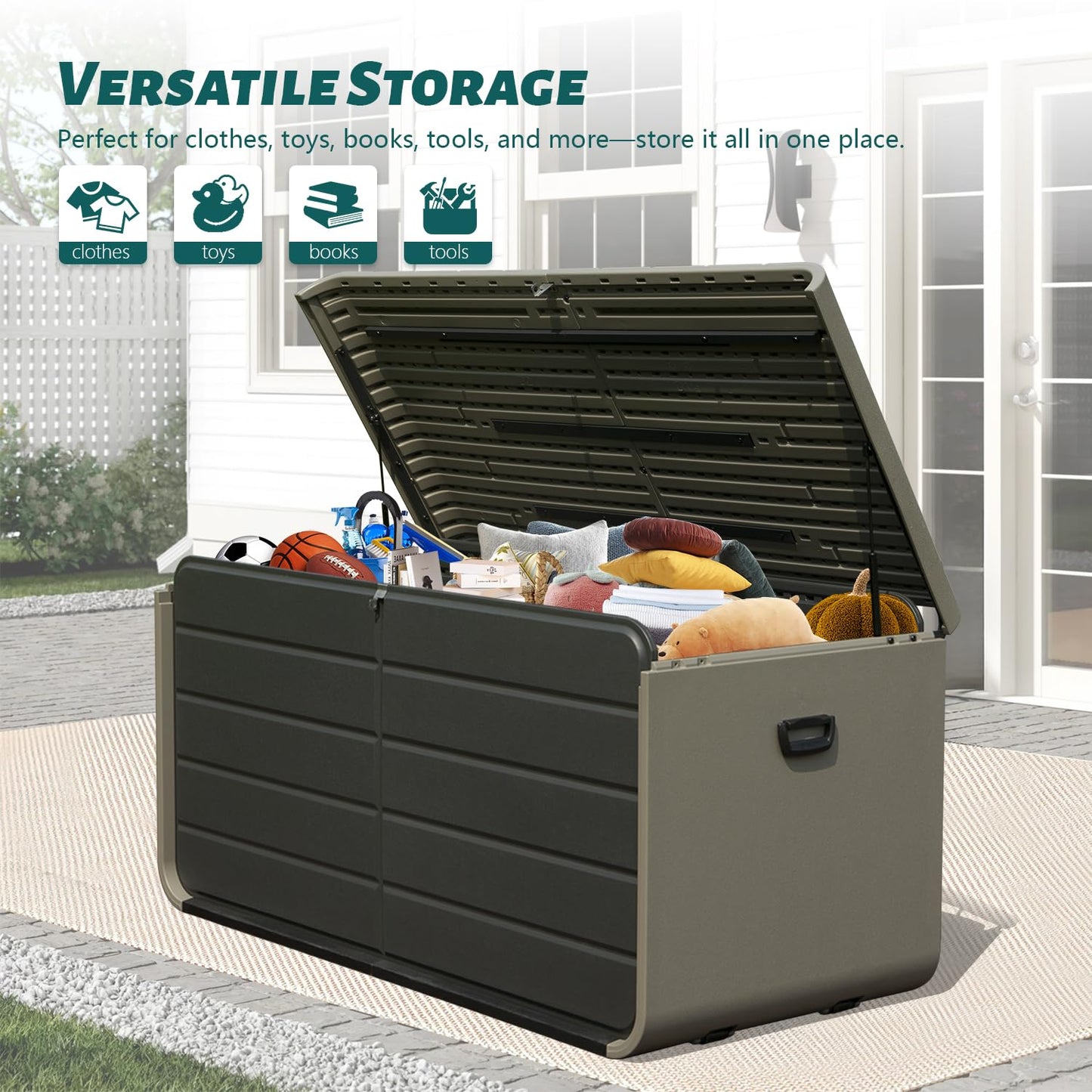 200 Gallon Plastic Deck Box, Large Patio Storage Box with Lock, Wheels & Waterproof Lid for Outdoor Cushions, Garden and Pool Supplies (Gray)