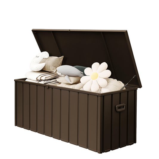 190 Gallon Metal Deck Box, Waterproof Steel Outdoor Box, Large Patio Furniture Storage Cabinet, Lockable Storage Bench for Porch Package Delivery, Pillows, Cushions, Pool, Tools, Backyard, Brown