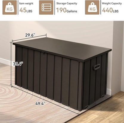 190 Gallon Metal Deck Box, Waterproof Steel Outdoor Box, Large Patio Furniture Storage Cabinet, Lockable Storage Bench for Porch Package Delivery, Pillows, Cushions, Pool, Tools, Backyard, Brown