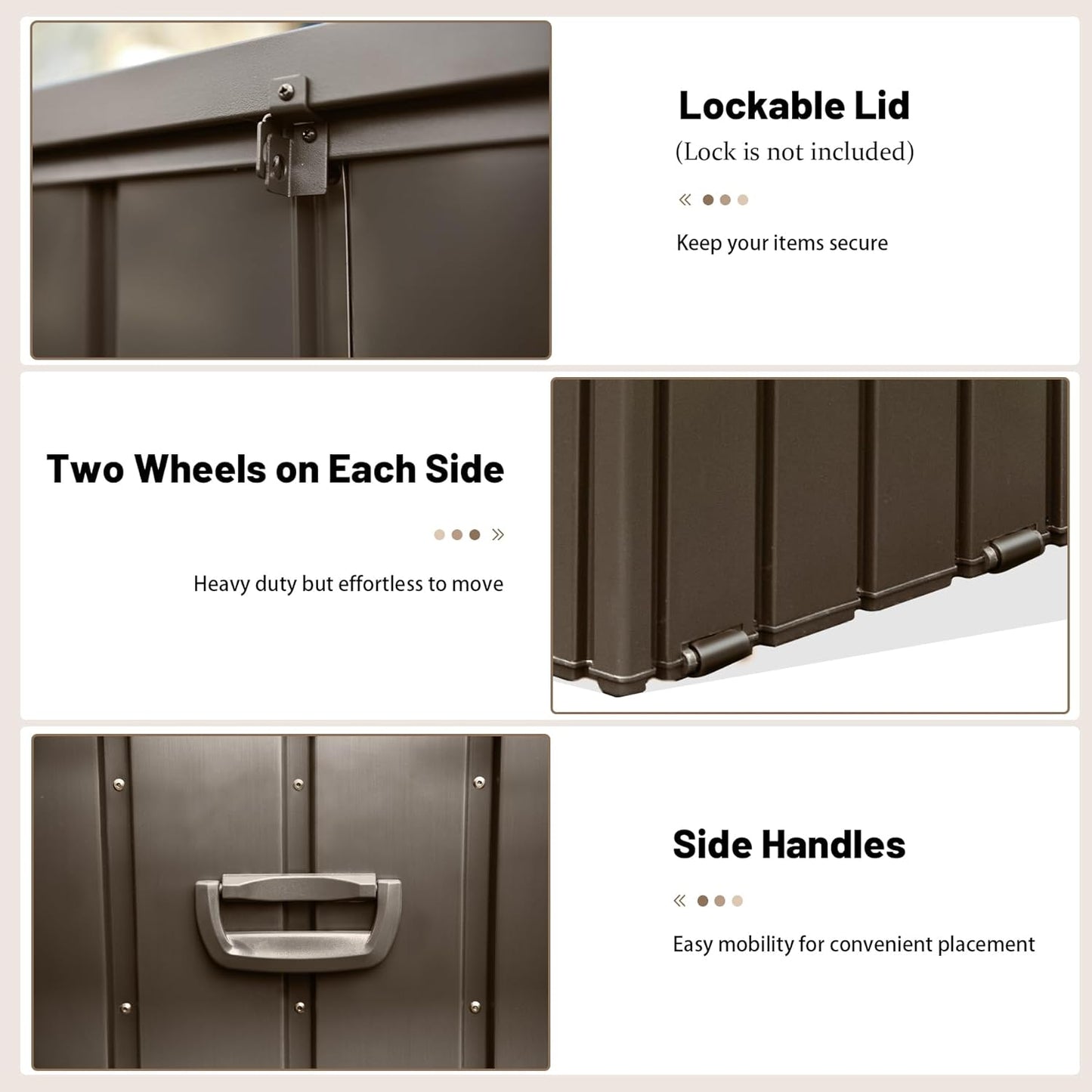 190 Gallon Metal Deck Box, Waterproof Steel Outdoor Box, Large Patio Furniture Storage Cabinet, Lockable Storage Bench for Porch Package Delivery, Pillows, Cushions, Pool, Tools, Backyard, Brown