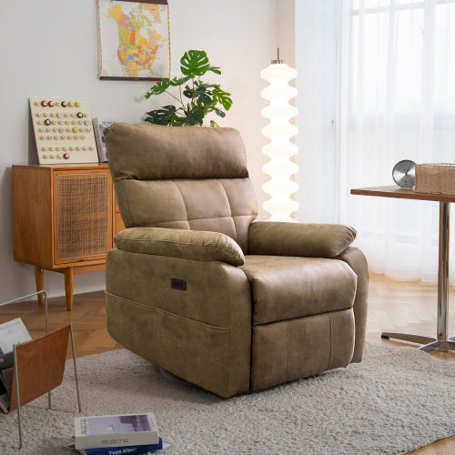 Power Swivel Rocker Recliner Chair, Oversized Recliner Chairs for Adults, Tech Cloth Overstuffed Reclining Chair with USB and Type-C Ports for Living Room, Brown