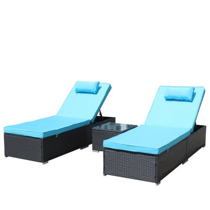 3-Piece Outdoor Patio Furniture Set Chaise Lounge, Patio Reclining Rattan Lounge Chair Chaise Couch Cushioned with Glass Coffee Table, Adjustable Back and Feet, Lounger Chair for Pool Garden, Blue